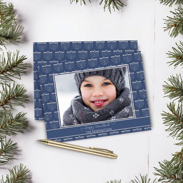 Budget Blue White Menorah Hanukkah Photo (Budget Blue White Menorah Hanukkah Photo Holiday Card)