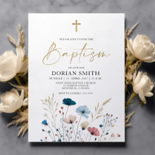 Budget Blue Wild Flowers Boy Baptism invitation