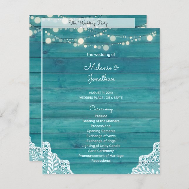 Budget Blue Wood, Lights, Lace Wedding Program (Front/Back)