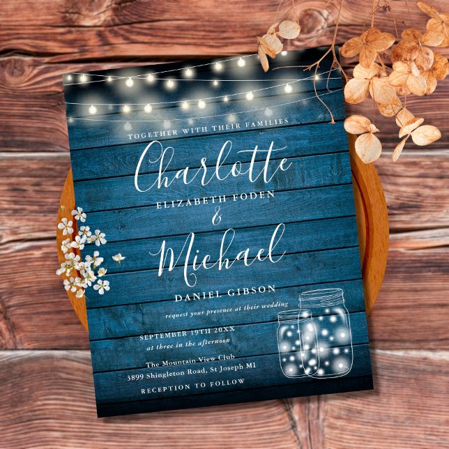 Budget Blue Wood Mason Jars Wedding Invitation (Creator Uploaded)