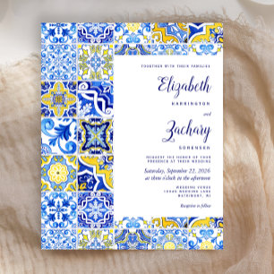 Budget Blue Yellow Portuguese Tile Wedding Invite