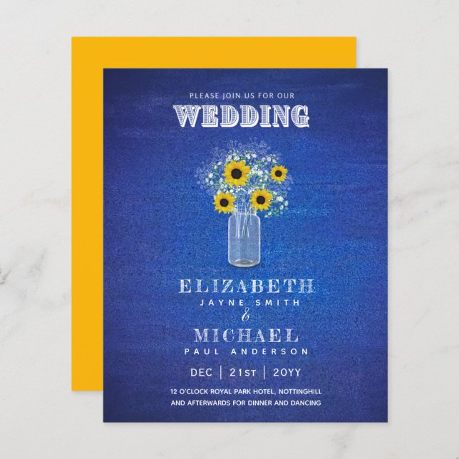 BUDGET Blue Yellow Sunflowers Wedding Invite (Front/Back)