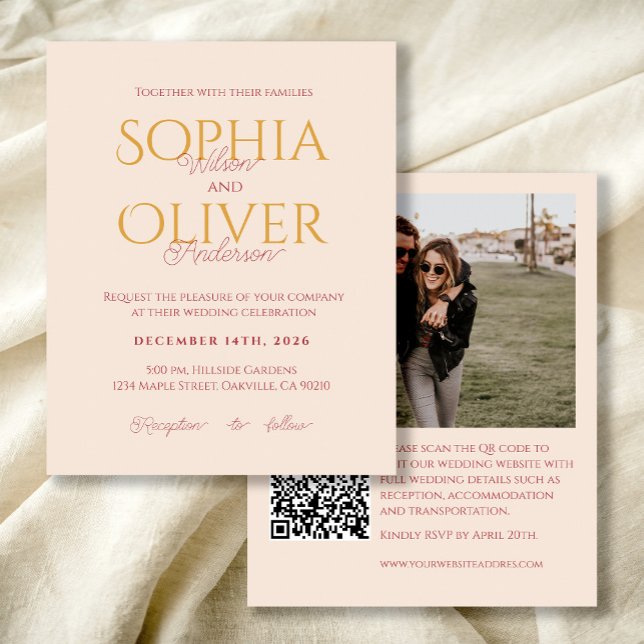 Budget blush and gold Photo QR code wedding invite (Creator Uploaded)
