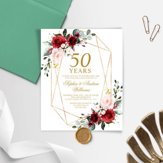 Budget Blush & Burgundy Wedding Anniversary Invite (Creator Uploaded)