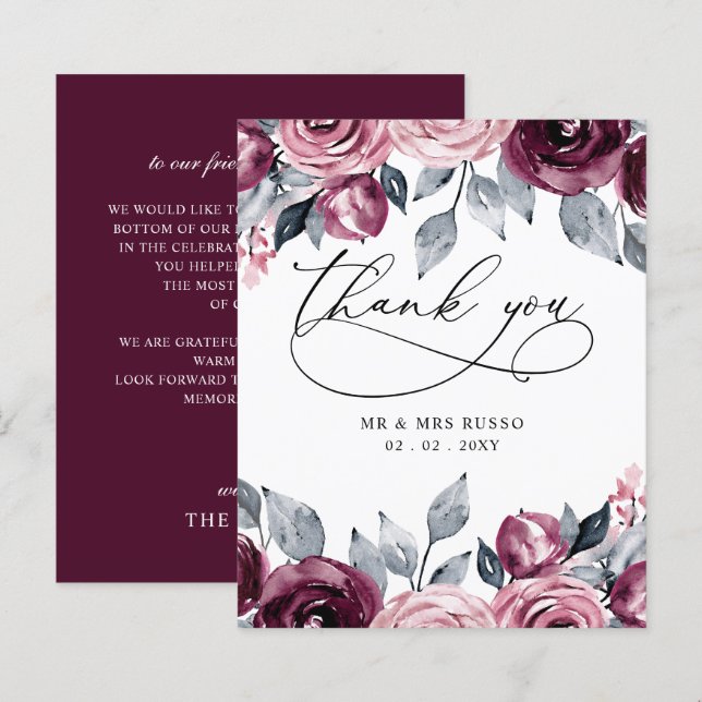 Budget Blush Burgundy Wedding Thank You Card (Front/Back)