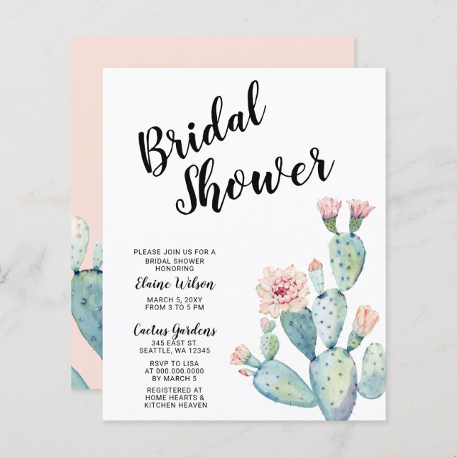 Budget Blush Cactus Bridal Shower Invitations (Front/Back)