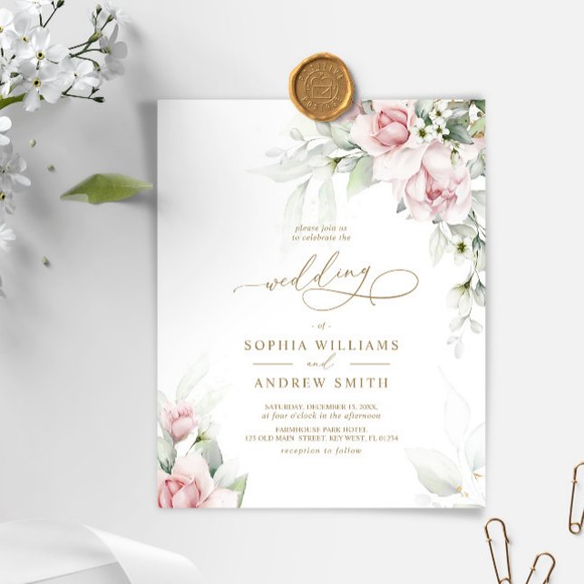 Budget Blush & Eucalyptus Wedding Invitation (Creator Uploaded)