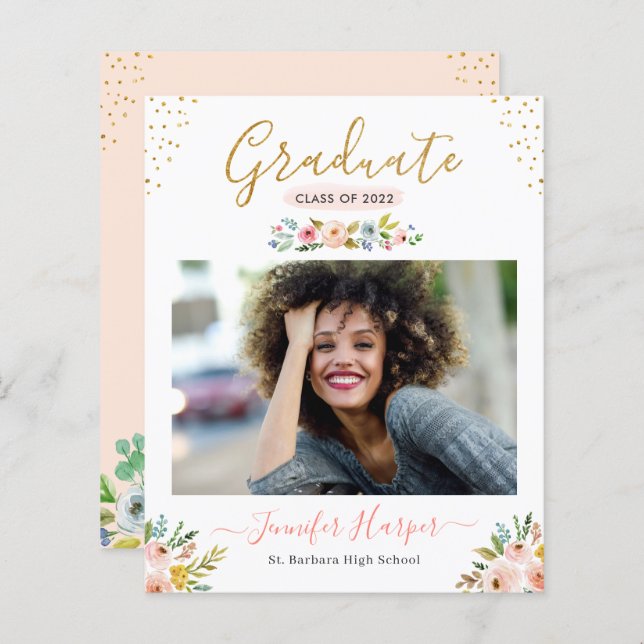 Budget Blush Floral Photo Graduation Announcement (Front/Back)