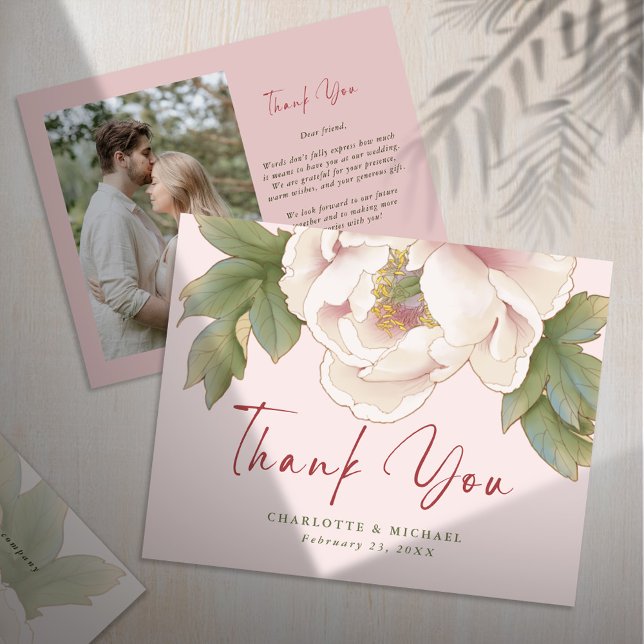 BUDGET Blush Floral Photo Wedding Thank You Card (Creator Uploaded)