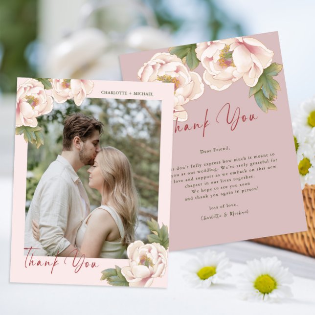 Budget Blush Floral Photo Wedding Thank you Card  (Creator Uploaded)