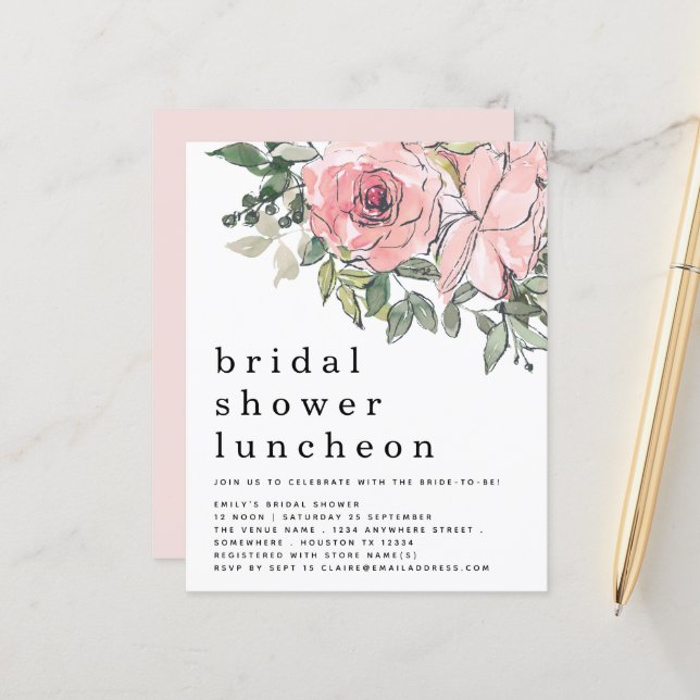 Budget Blush Florals Bridal Shower Luncheon Invite (Front/Back In Situ)