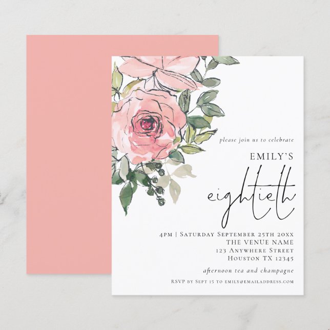 Budget Blush Florals Eightieth Party Invitation (Front/Back)