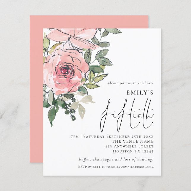 Budget Blush Florals Fiftieth Birthday Invite (Front/Back)