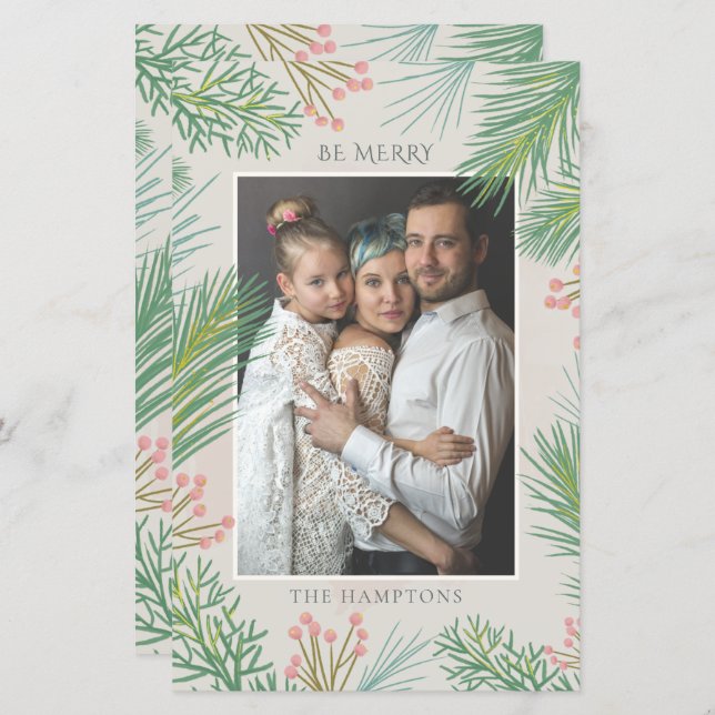 Budget Blush Forest Pine Holly Photo Holiday Card (Front/Back)