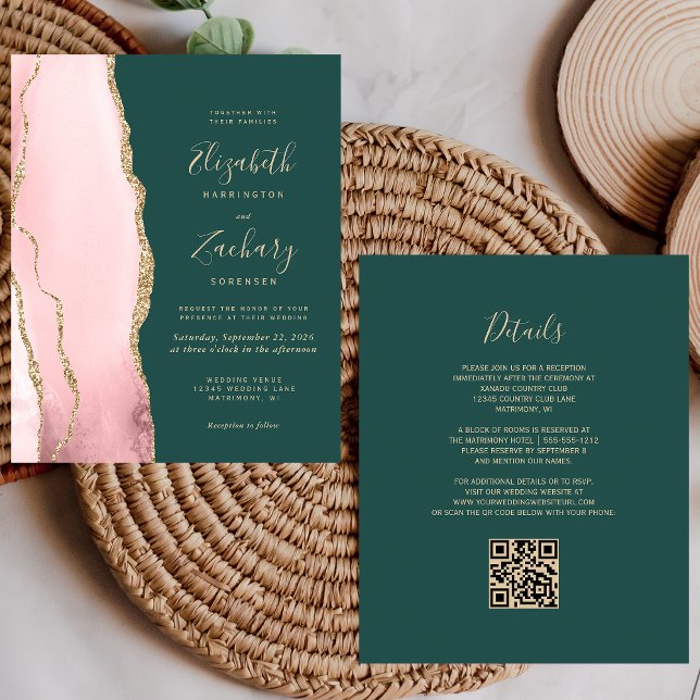 Budget Blush Gold Agate Green QR Code Wedding (Creator Uploaded)