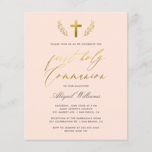 Budget Blush Gold Calligraphy First Holy Communion (Front)