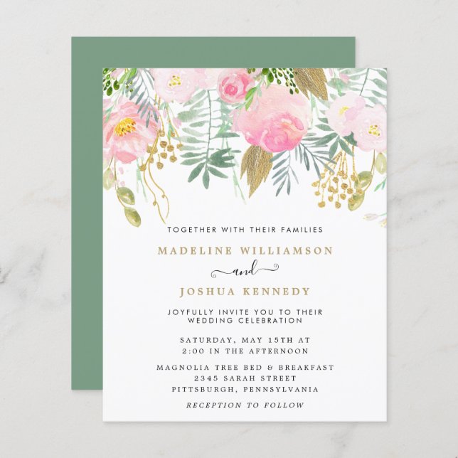 Budget Blush Gold Floral Bridal Shower Invitation (Front/Back)