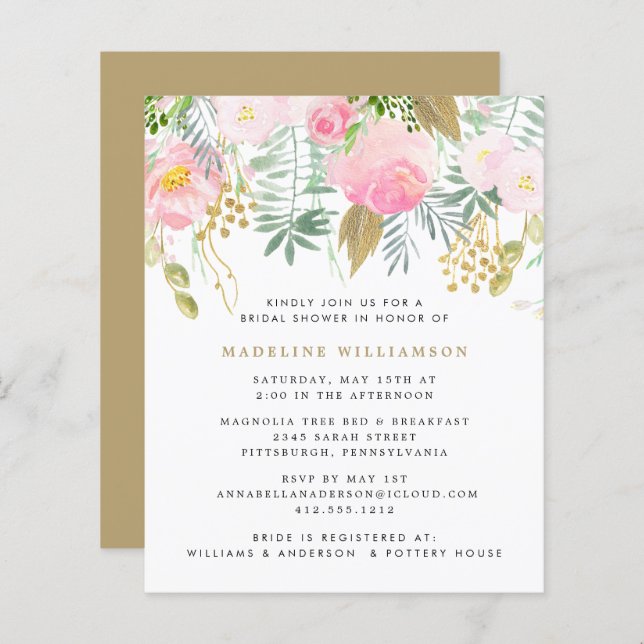 Budget Blush Gold Floral Bridal Shower Invitation  (Front/Back)