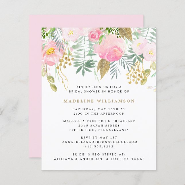 Budget Blush Gold Floral Couple Shower Invitation  (Front/Back)