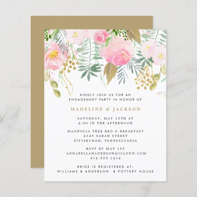 Budget Blush Gold Floral Couples Shower Invitation (Front/Back)
