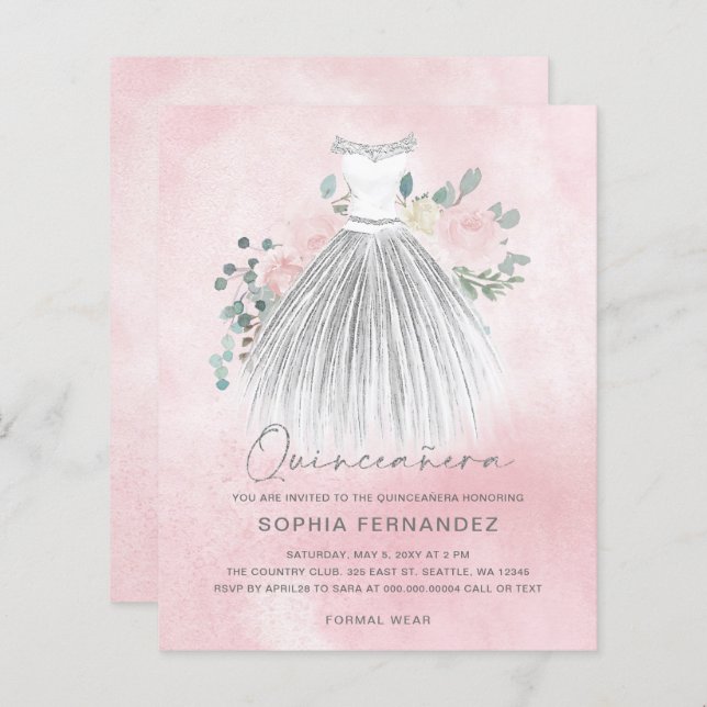 Budget Blush gold glitter Dress Quinceañera Invite (Front/Back)