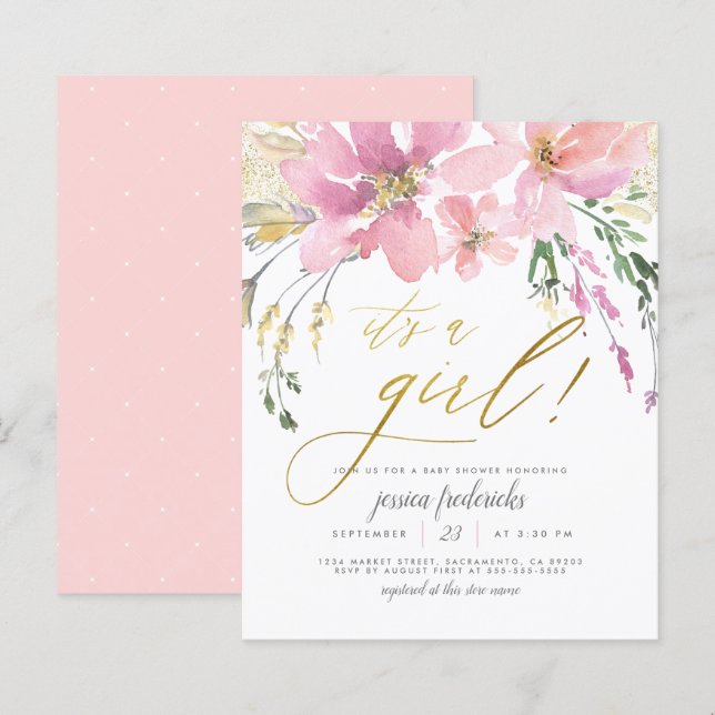 Budget Blush & Gold It's A Girl Floral Baby Shower (Front/Back)