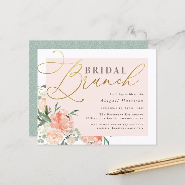 Budget Blush & Gold Script Floral Bridal Brunch (Front/Back In Situ)