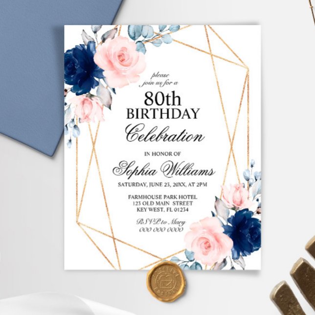 Budget Blush & Navy Any Age Birthday Invitation (Creator Uploaded)