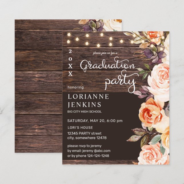 Budget Blush & Peach Floral Rustic Grad Party (Front/Back)