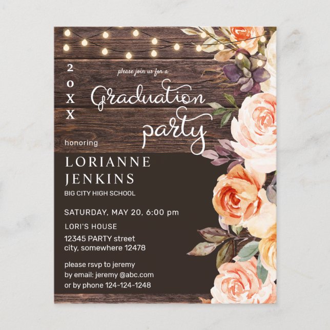 Budget Blush & Peach Floral Rustic Grad Party Flyer (Front)