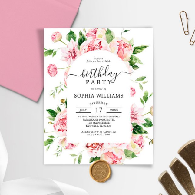 Budget Blush Peonies Birthday Party Invitation (Creator Uploaded)