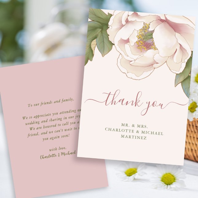 BUDGET Blush Peony Floral Wedding Thank You Card (Creator Uploaded)