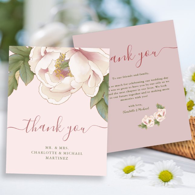 BUDGET Blush Peony Floral Wedding Thank You Card  (Creator Uploaded)