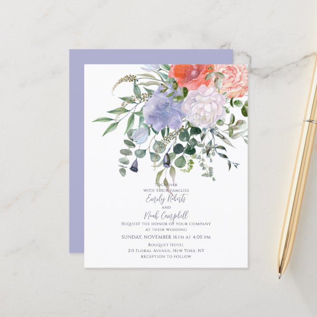 Budget Blush Pink & Blue Watercolor Floral Wedding (Front/Back In Situ)