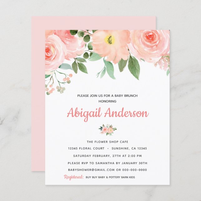 Budget Blush Pink Floral Baby Brunch Invitation (Front/Back)