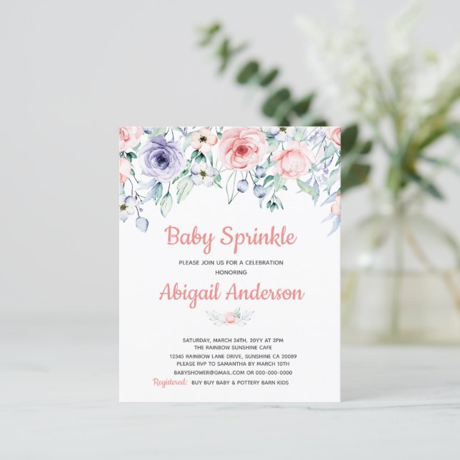 Budget Blush Pink Floral Baby Sprinkle Invitation (Standing Front)