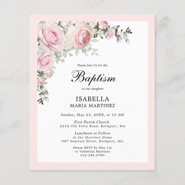 Budget Blush Pink Floral Baptism Invitation (Front)