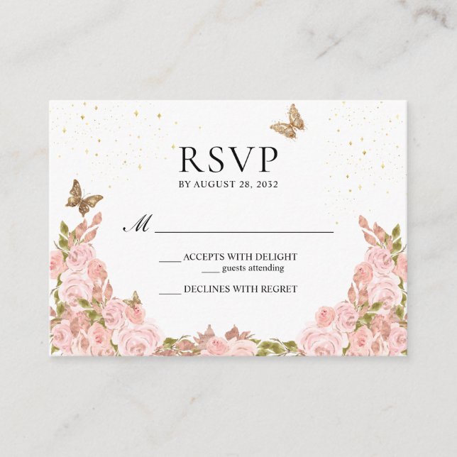 BUDGET Blush Pink Floral Butterfly Quinceanera Enclosure Card (Front)