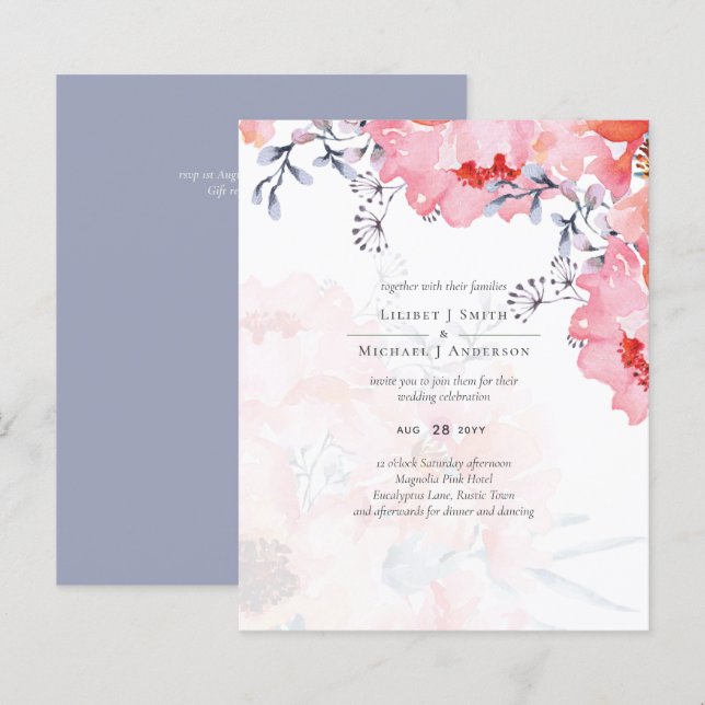 Budget Blush Pink Floral Dusty Blue Wedding (Front/Back)