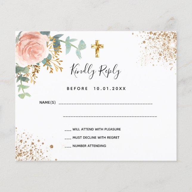 Budget blush pink floral eucalyptus baptism RSVP (Front)