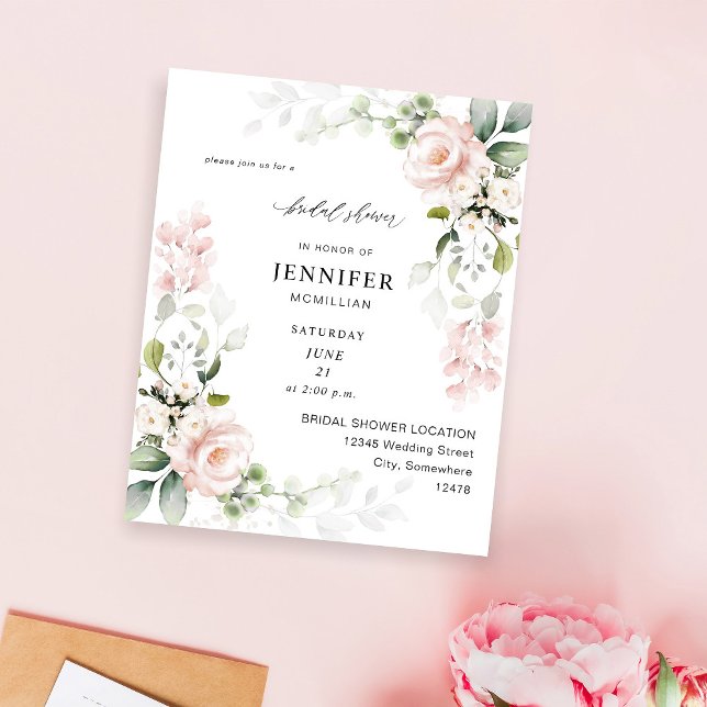 Budget Blush Pink Floral Eucalyptus Bridal Shower Flyer (Creator Uploaded)