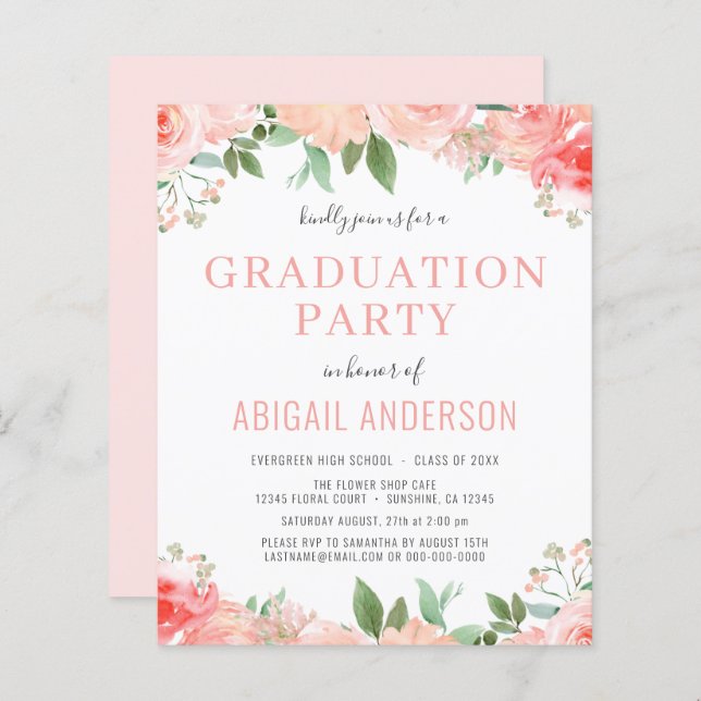 Budget Blush Pink Floral Graduation Invitation (Front/Back)