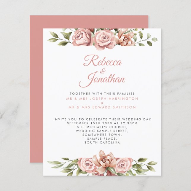 Budget Blush Pink Floral Paper Wedding Invitation (Front/Back)