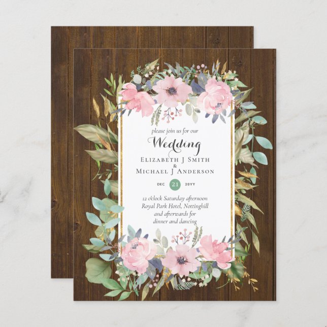 BUDGET Blush Pink Floral Wedding Invitations (Front/Back)