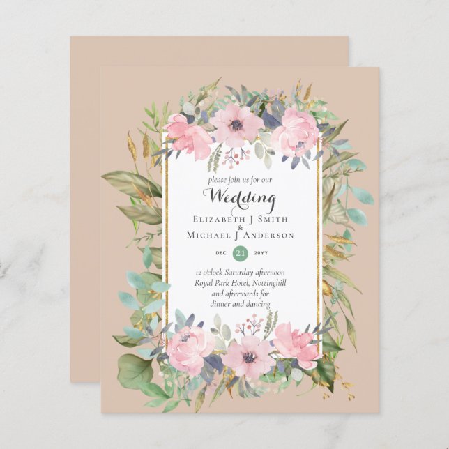 BUDGET Blush Pink Floral Wedding Invitations (Front/Back)