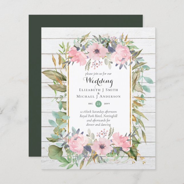 BUDGET Blush Pink Floral Wedding Invitations (Front/Back)