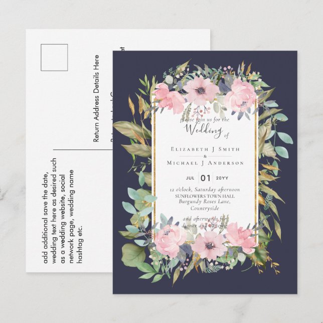 BUDGET  Blush Pink Floral Wedding Postcard (Front/Back)