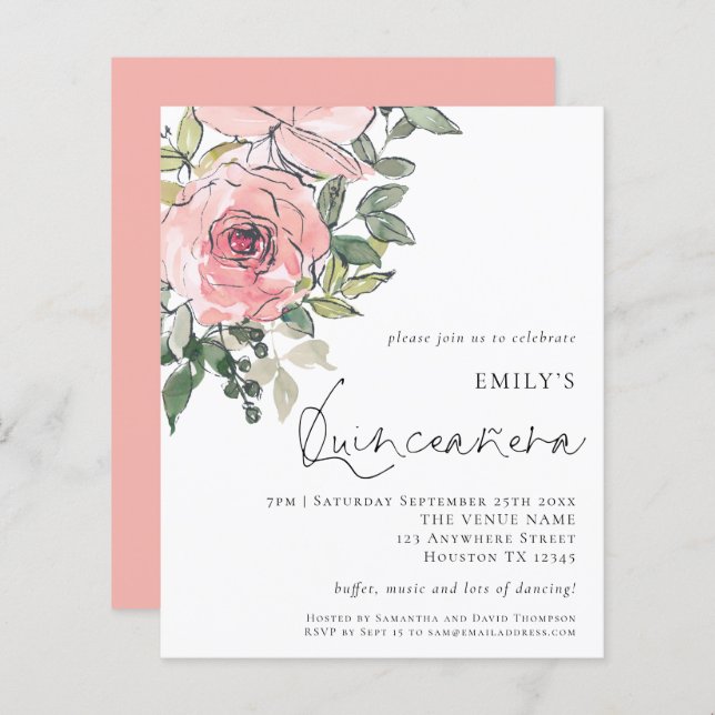 Budget Blush Pink Florals Quinceañera Invite (Front/Back)