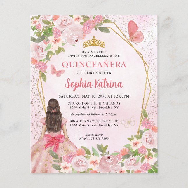 Budget Blush Pink Gold Floral Princess Quinceañera (Front)