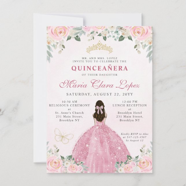 Budget Blush Pink Gold Floral Princess Quinceañera Card (Front)